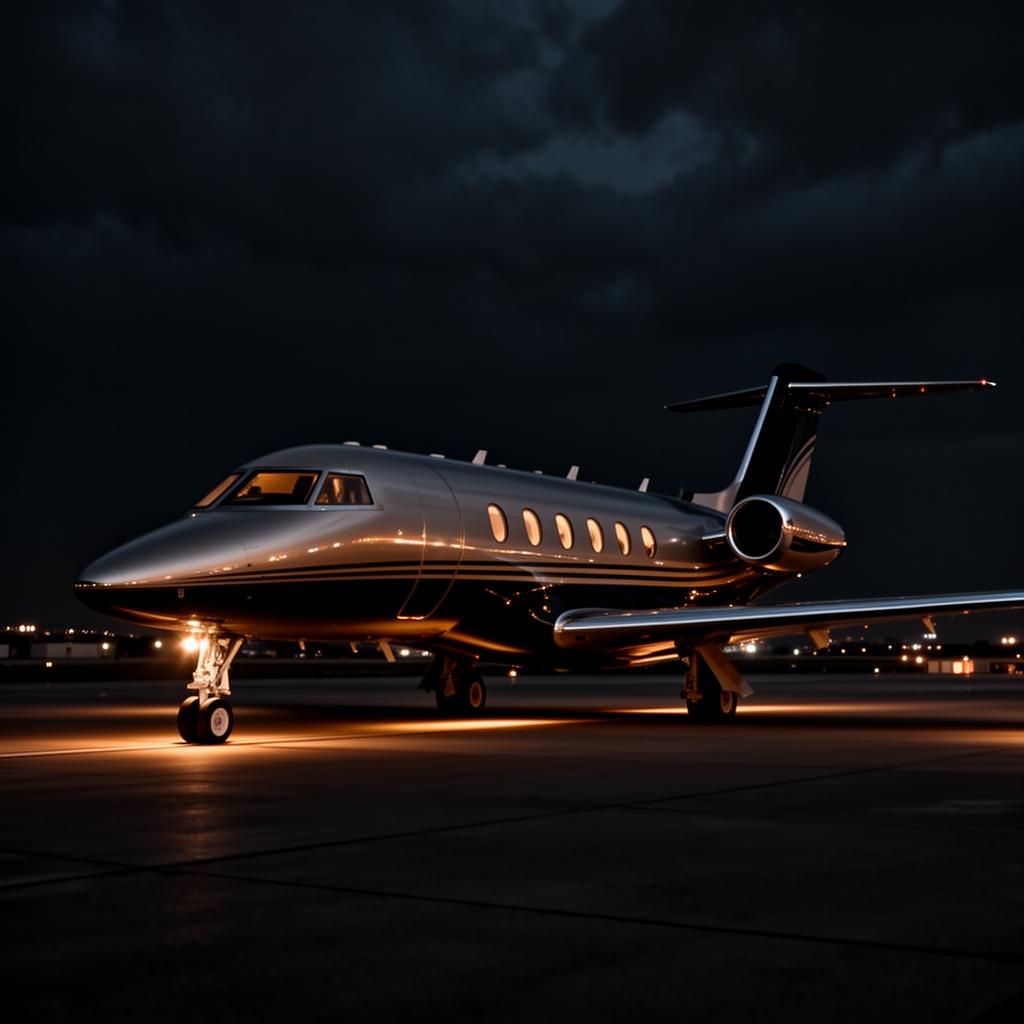 Aviation privée — jet privé éclairé sur tarmac la nuit