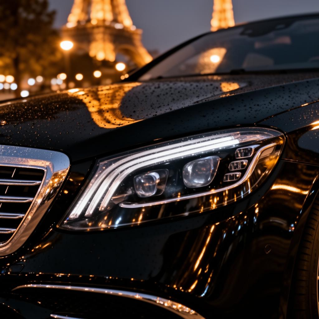Paris private chauffeur — black Mercedes S-Class at night