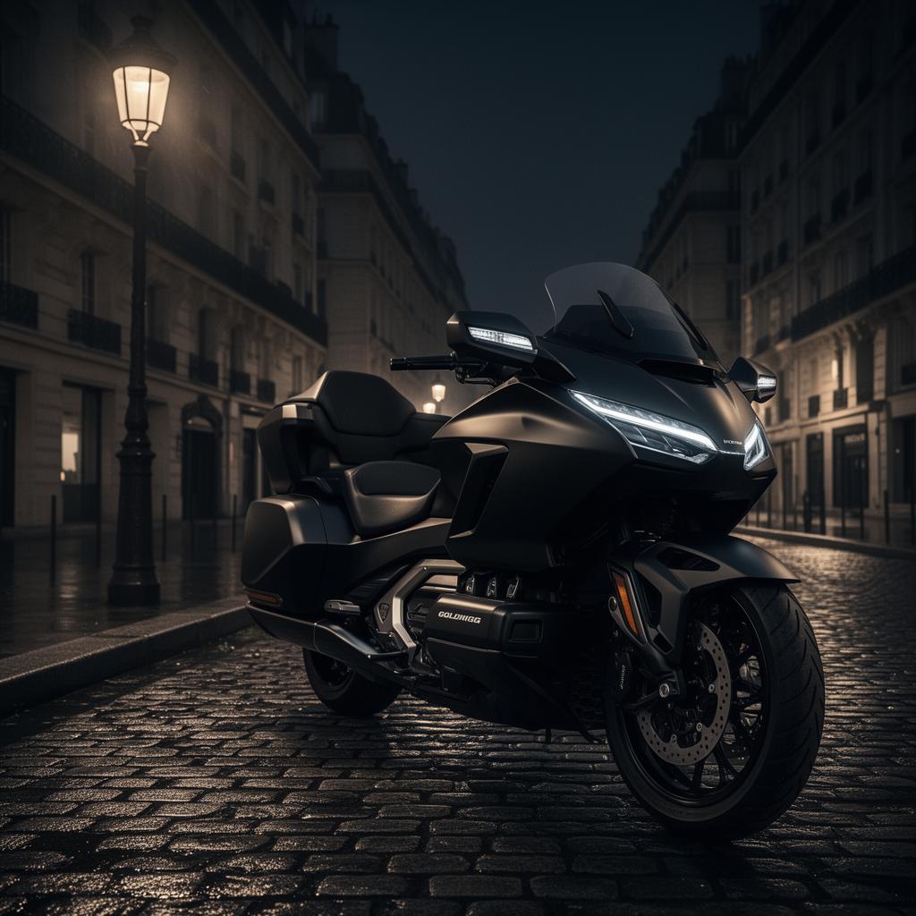 Executive motorcycle taxi Paris — Honda Goldwing on wet cobblestones