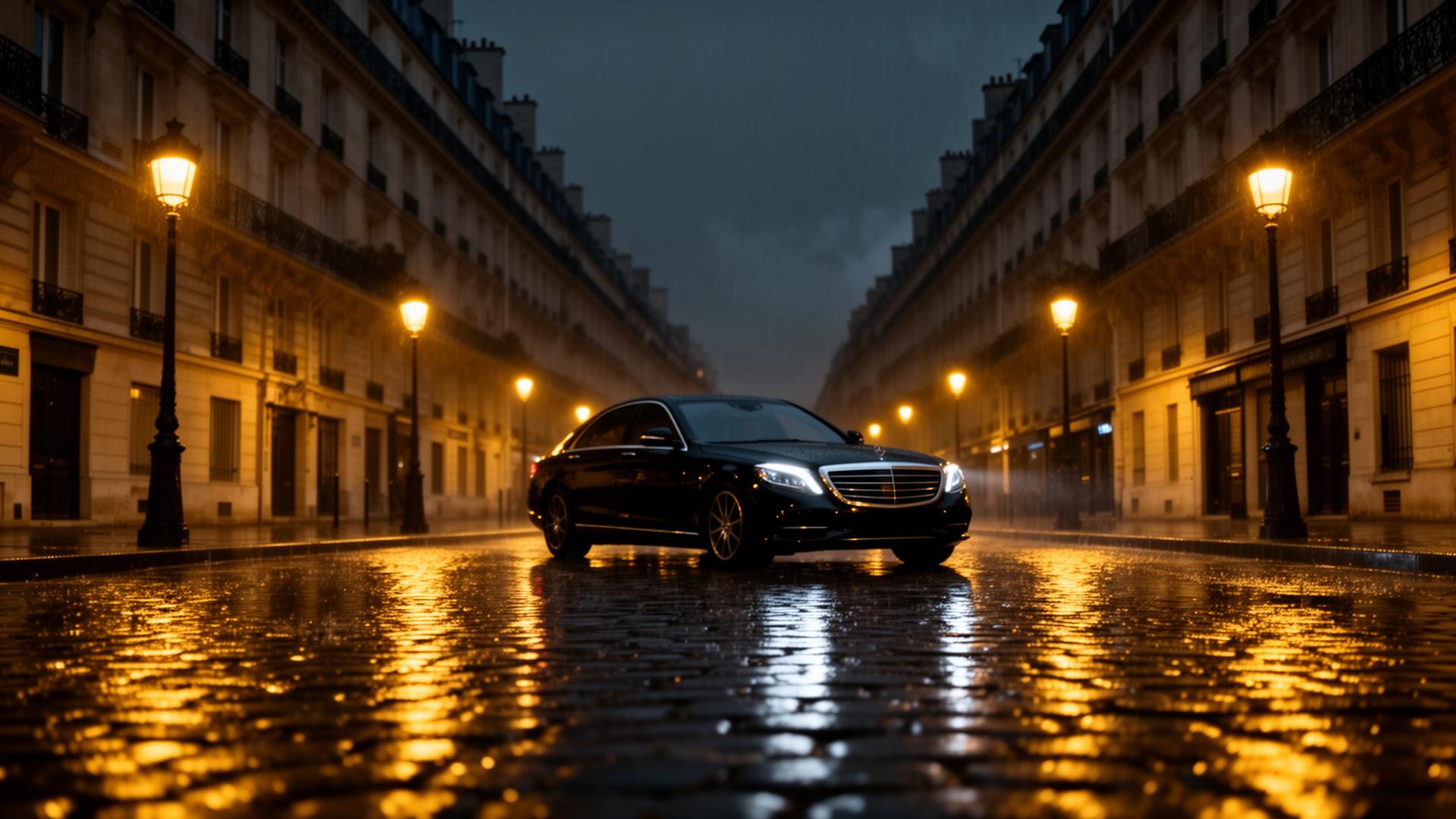 Paris luxury chauffeur at night — Elegance & Cars executive Mercedes on a rainy Parisian street